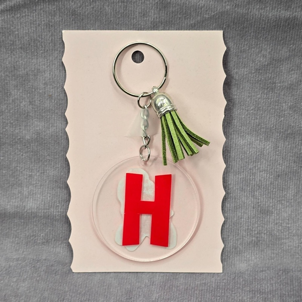 Letter Keychain Clear Silver Circle Handmade Acrylic Tassel‎ Flower H Green